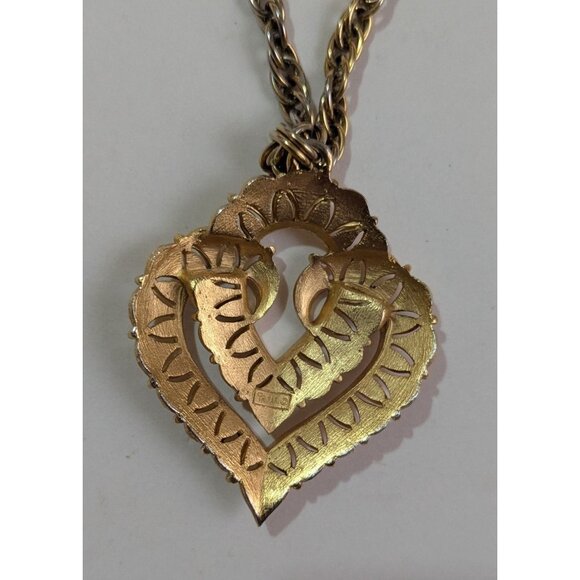 Vintage Crown Trifari Gold Tone Heart Pendant Necklace Chain 20" Elegant - Picture 6 of 8